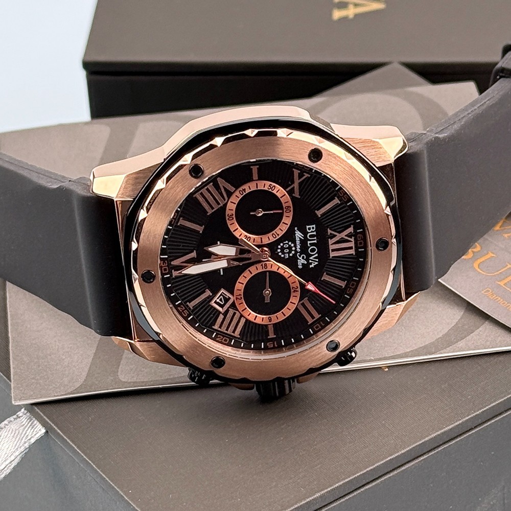 Men’s Bulova 98B104 Marine Star Black Dial Rubber Strap Quartz Watch 44mm