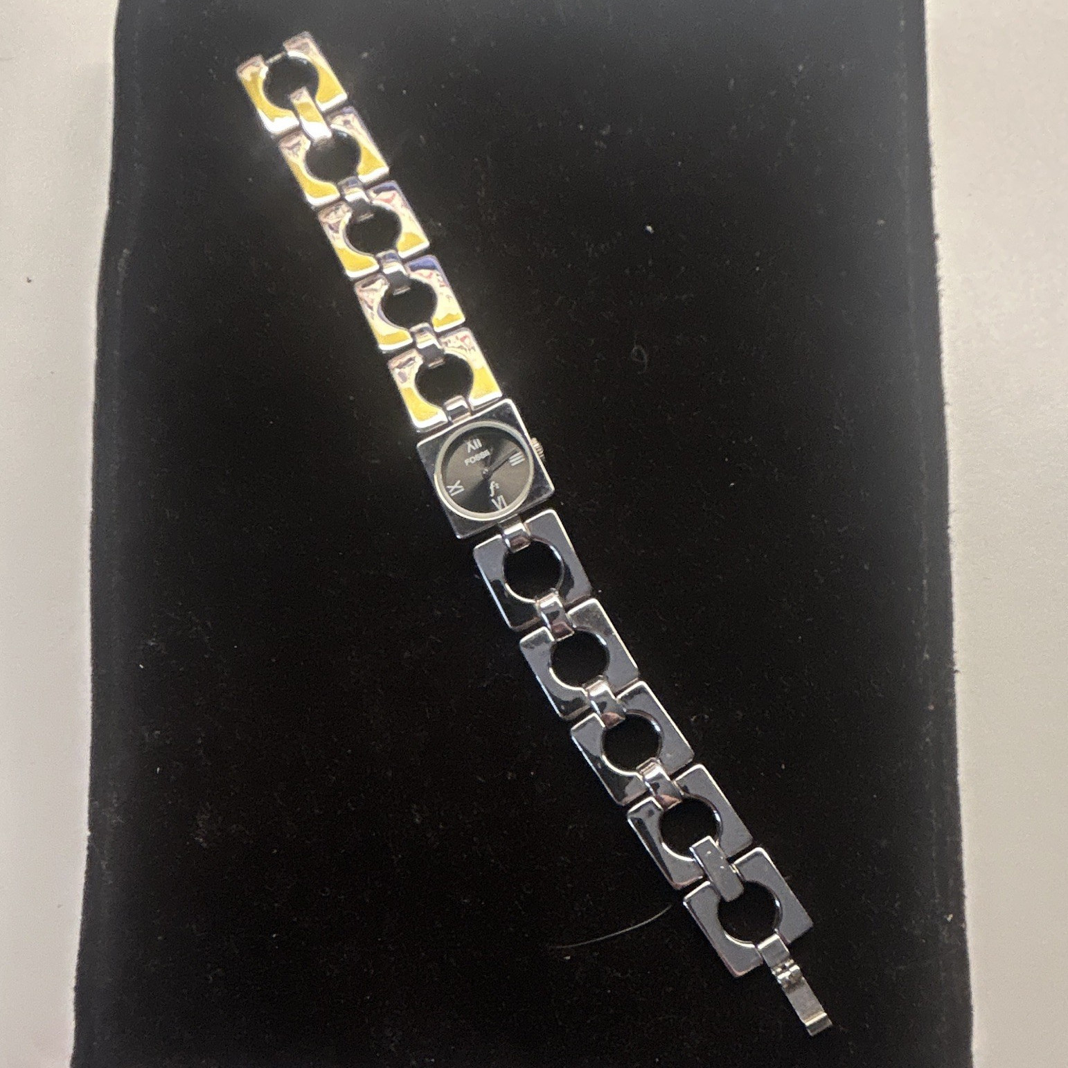 Fossil F2 Women’s Quartz Black Dial Square Silver Metal Bracelet Watch 30m