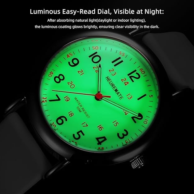 HEUREMATE Waterproof Unisex Analog Watch Luminous Easy-Read Black White Bands
