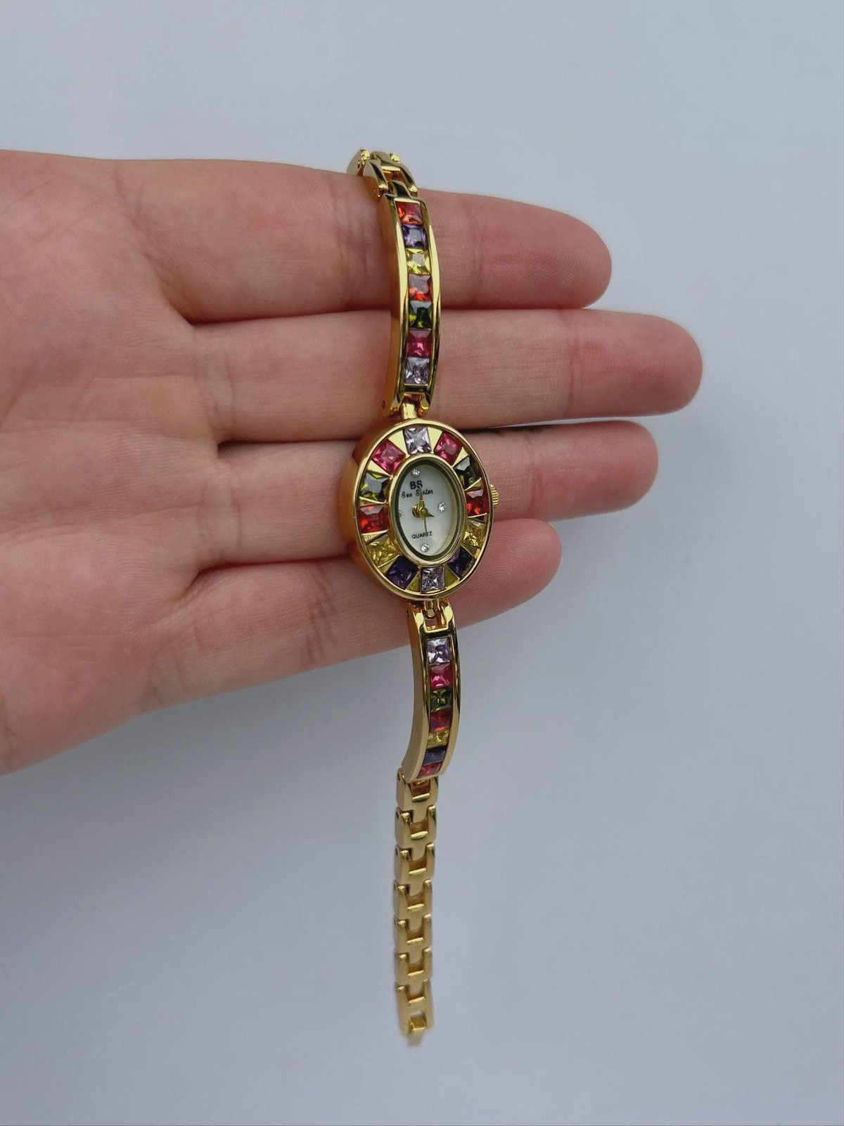 Multicolour Gem Watch Women, Retro Gold Bracelet Watch, Small Face Colourful Sto