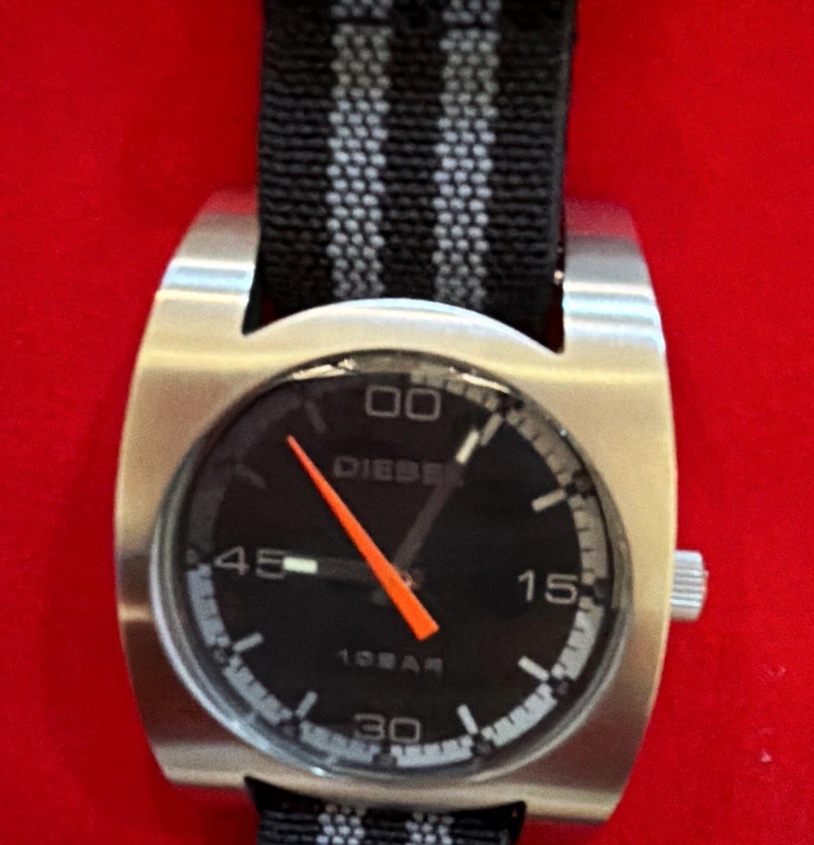 Diesel 10 Bar Men’s Quartz Analog Watch Black Dial Silver Case Nylon Strap