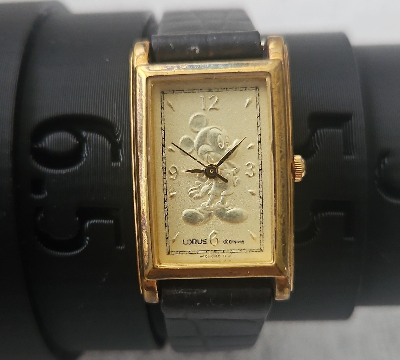 Lorus Disney Mickey Mouse Quartz Rectangular Gold Tone Black Leather Watch WR
