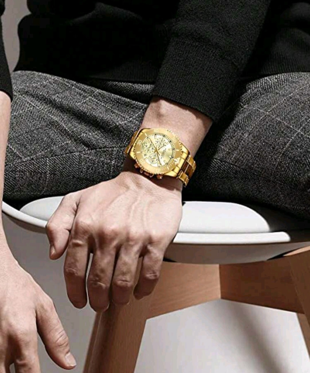 Men’s Gold Metal Bracelet Quartz Chronograph Wristwatch Calendar Luminous