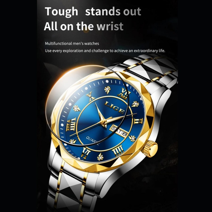 LIGE Men Watch Stainless Steel Date Waterproof Luminous Quartz Wristwatch Gift