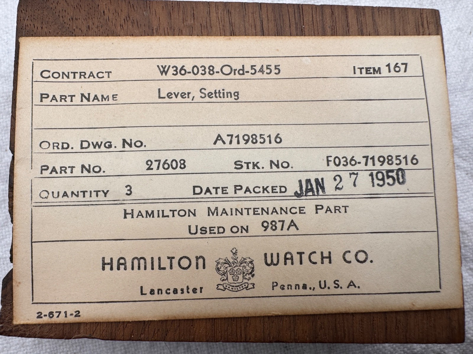 LOT x 3 Hamilton 987A Watch Parts.Lever, Setting 27608 military /sealed 1950
