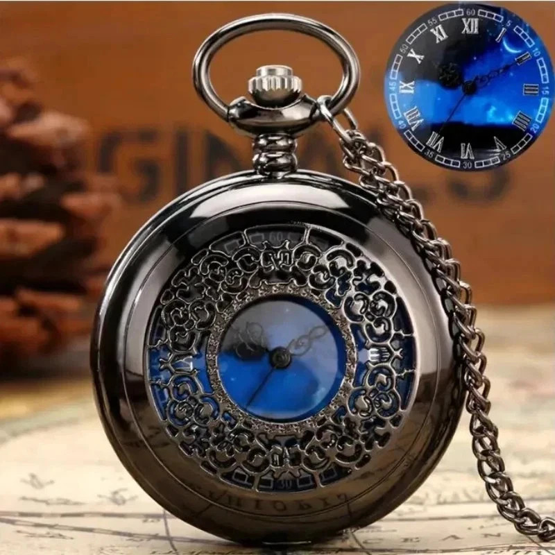 Exquisite Starry Blue Dial Quartz Pocket Watch Roman Numerals Gift USA FREE SHIP
