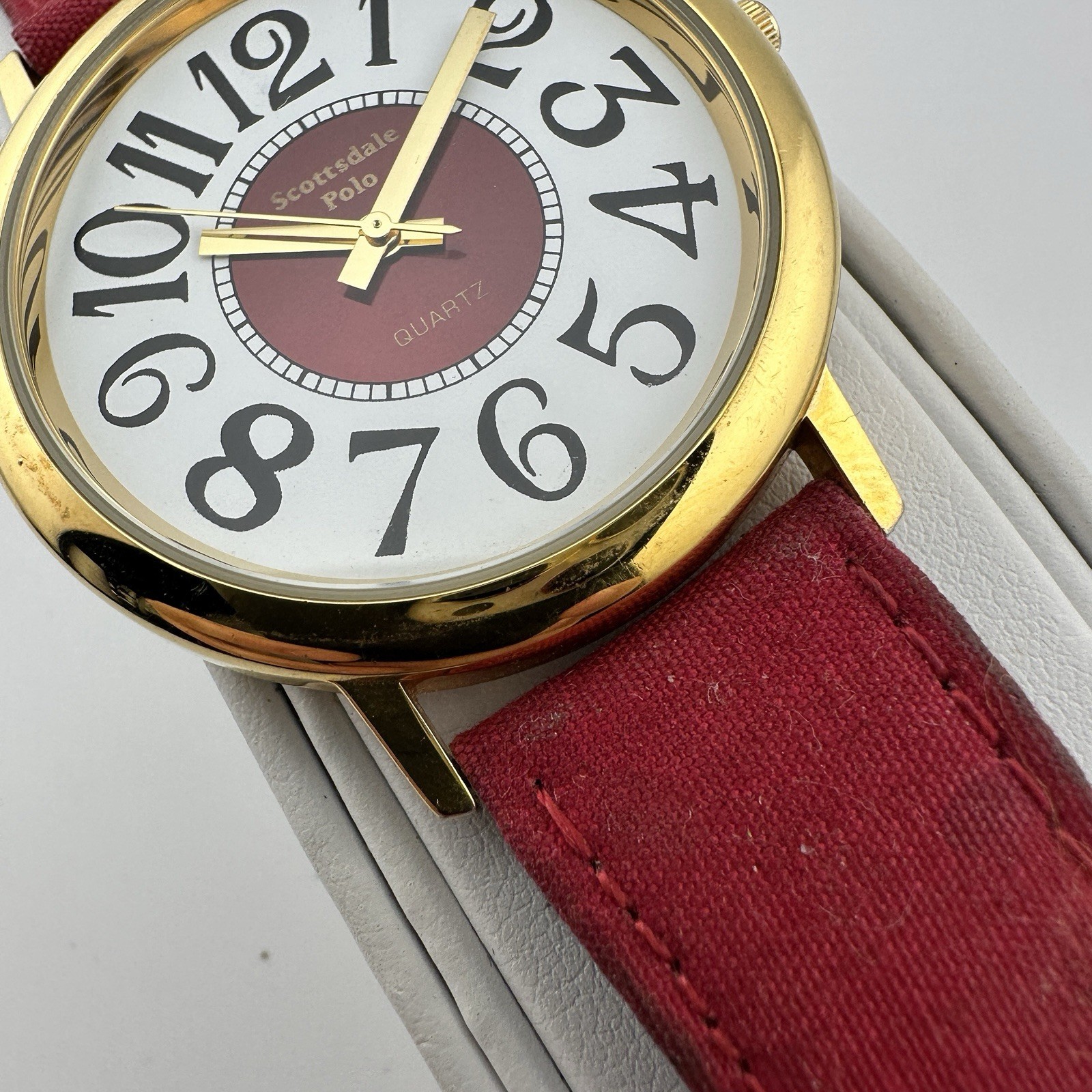 Scottsdale Polo Watch Unisex Stainless Gold Red Canvas Leather – Has New Battery