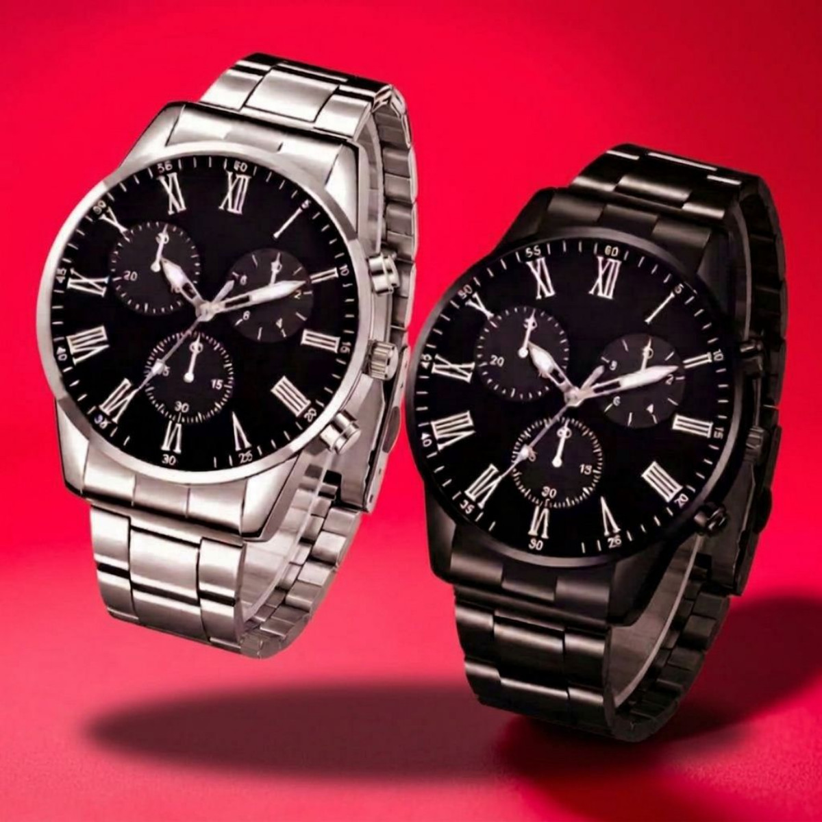 2PCS Mens Waterproof Quartz Watch Stainless Steel Luminous Wristwatch Black Dial