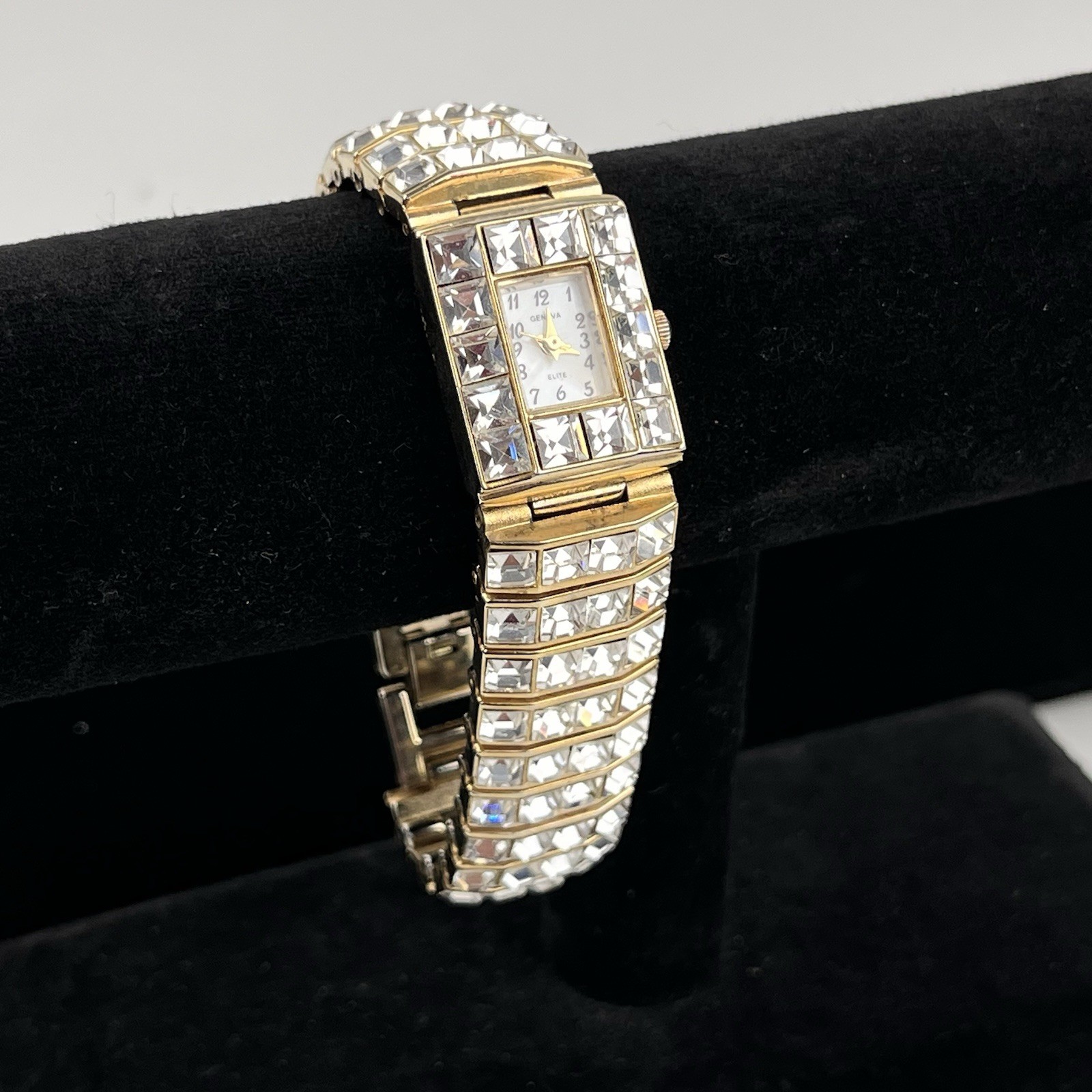 Geneva Elite Rhinestone Watch Women Gold Tone White Dial 7.5”