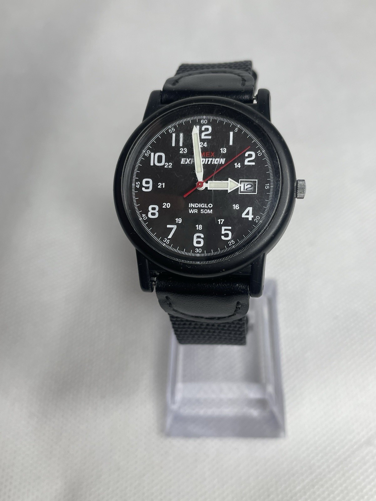 Timex Expedition Camper Watch T40011 Military Style Indiglo Black Leather Fabric