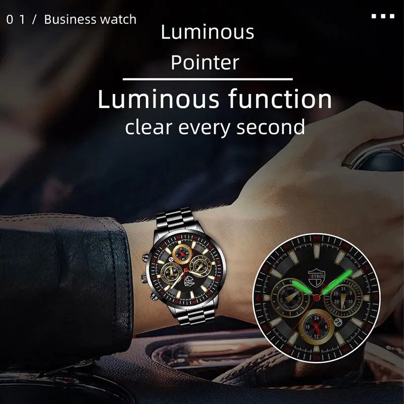 Men’s Stainless Steel Quartz Watch with Luminous Date and Leather Bracelet