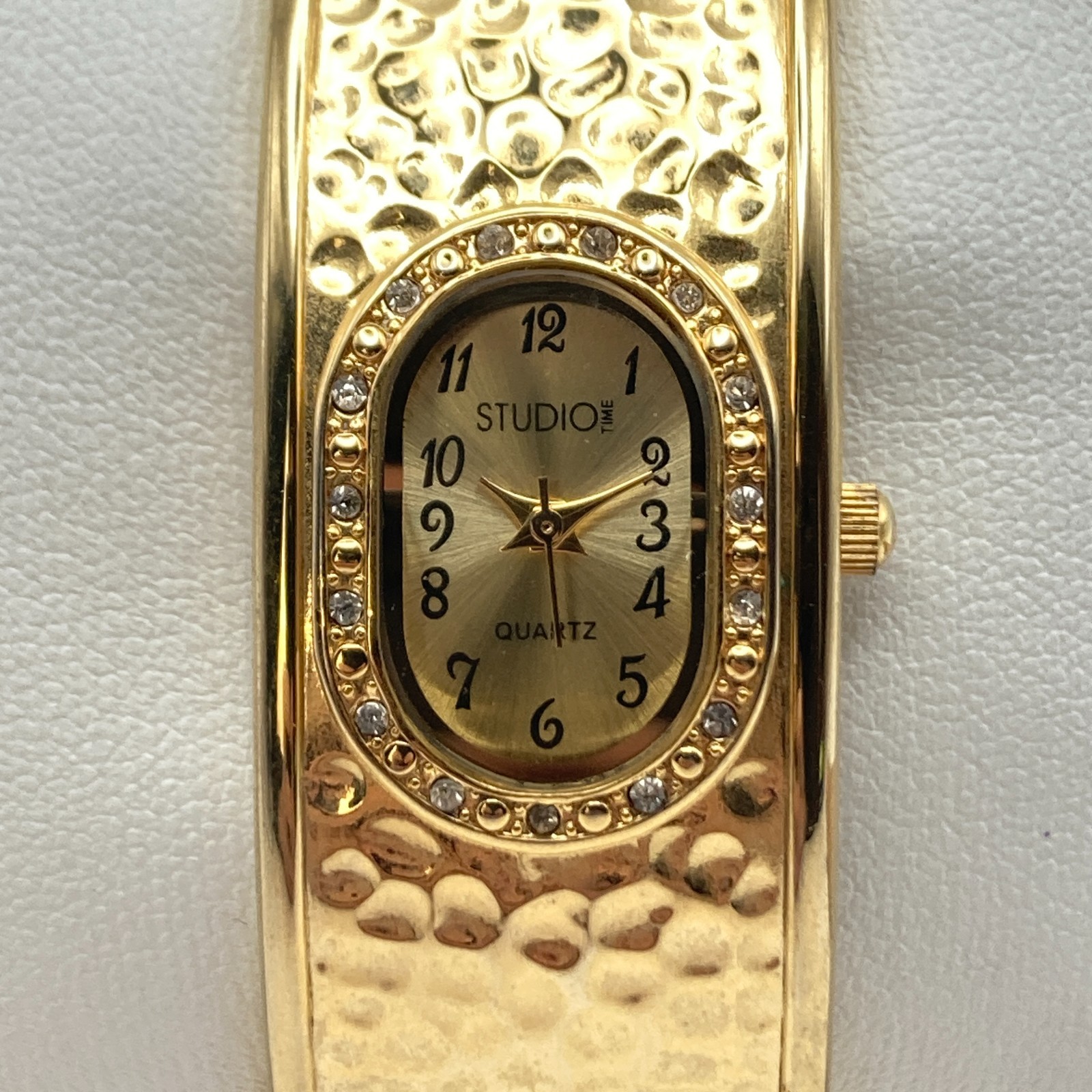 Studio Time Women’s Watch Gold Tone Hammered Cuff Crystals Oval New Battery 6.5″