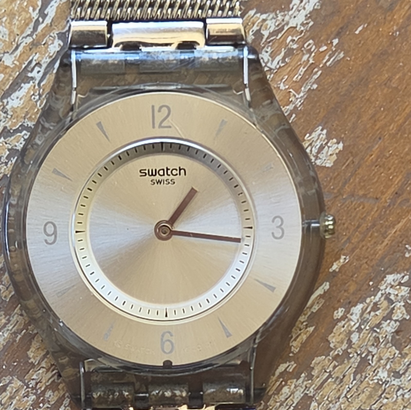 Swatch Irony Quartz Analog Sunburst Gold Dial Silver Mesh Band 34mm WR