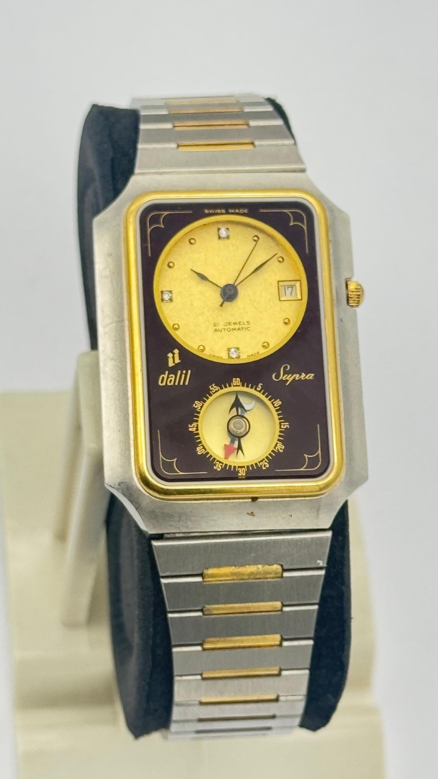 Vintage Dalil Supra Automatic Burgundy & Gold Dial Tank 2671 Swiss Watch