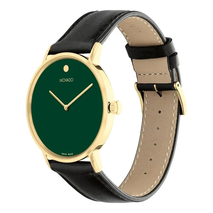 Movado Museum Classic Green Dial Men’s Gold Slim Leather Strap Watch 0607837