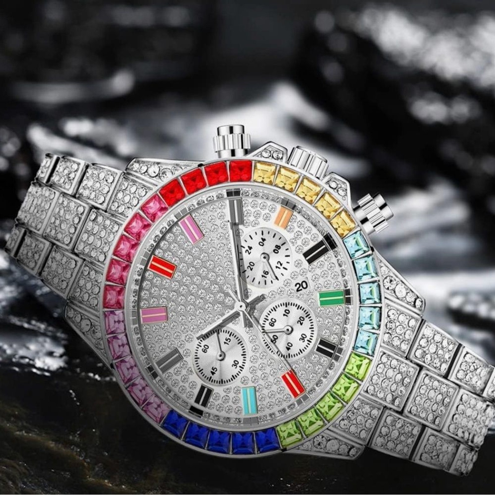 Iced-Out Multicolor CZ Bustdown Watch VVS Simulated Diamond Hip-Hop Style Rapper