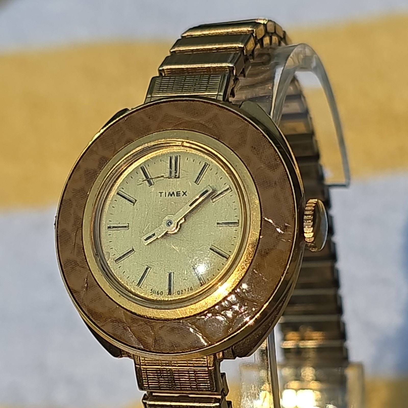 RARE Vtg. 1974 Timex 28mm Women’s Watch, Marbled Acrylic Bezel, G.P. Case, Runs!