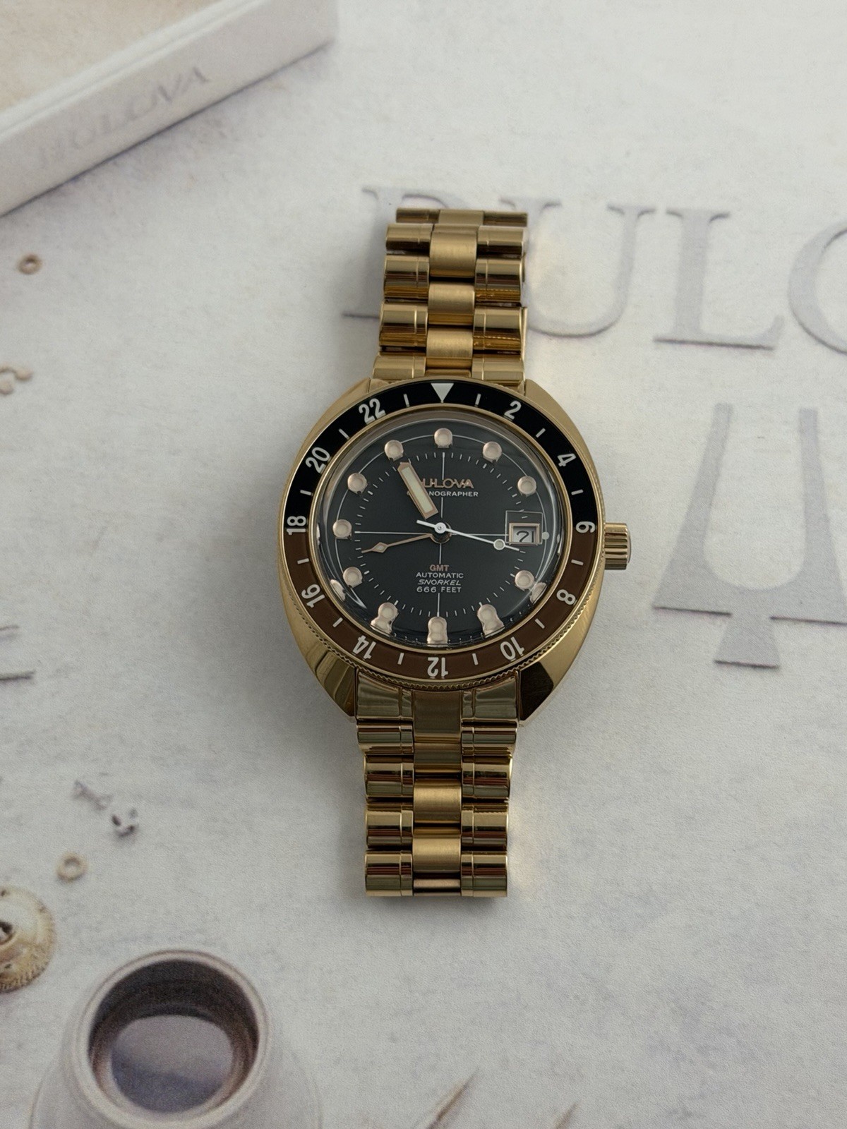 Bulova Oceanographer Automatic GMT Diver 200m “Rootbeer” Watch 97B215 41mm