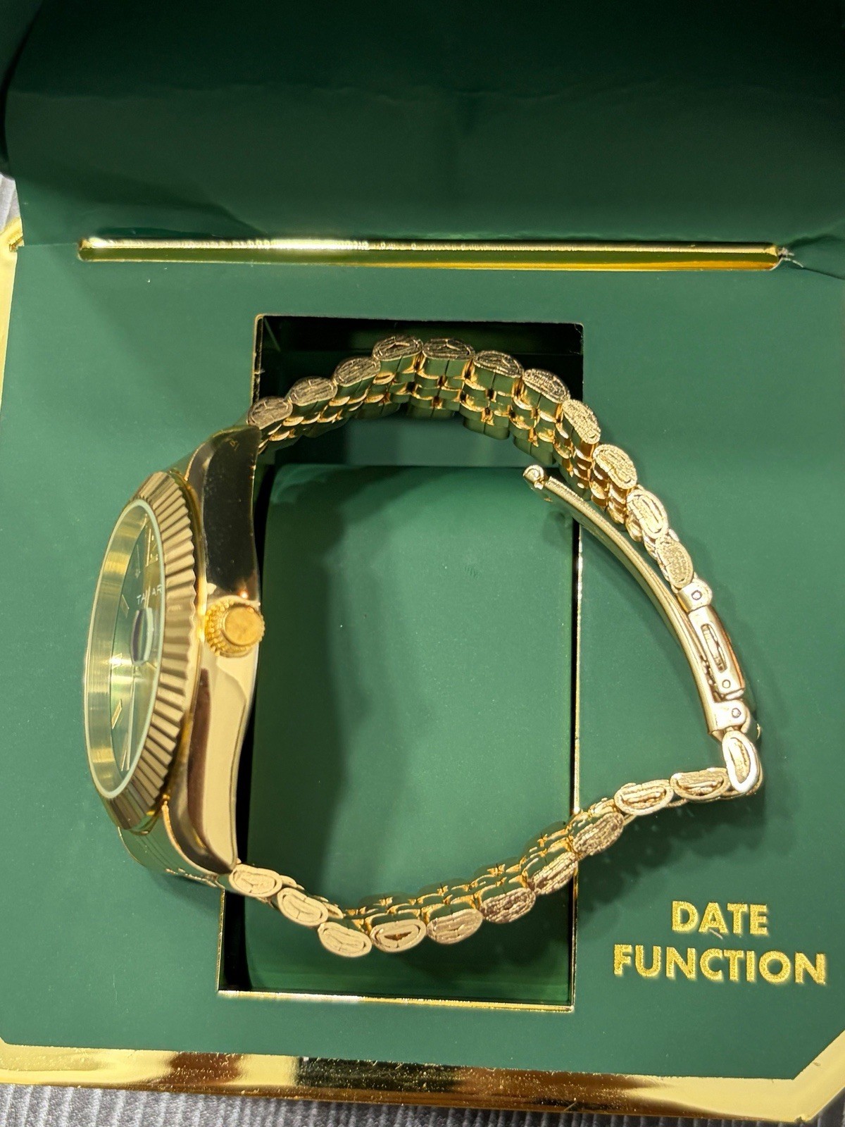 Tahari Gold-Tone Green Dial Quartz Date Bracelet Watch w/ Original Box
