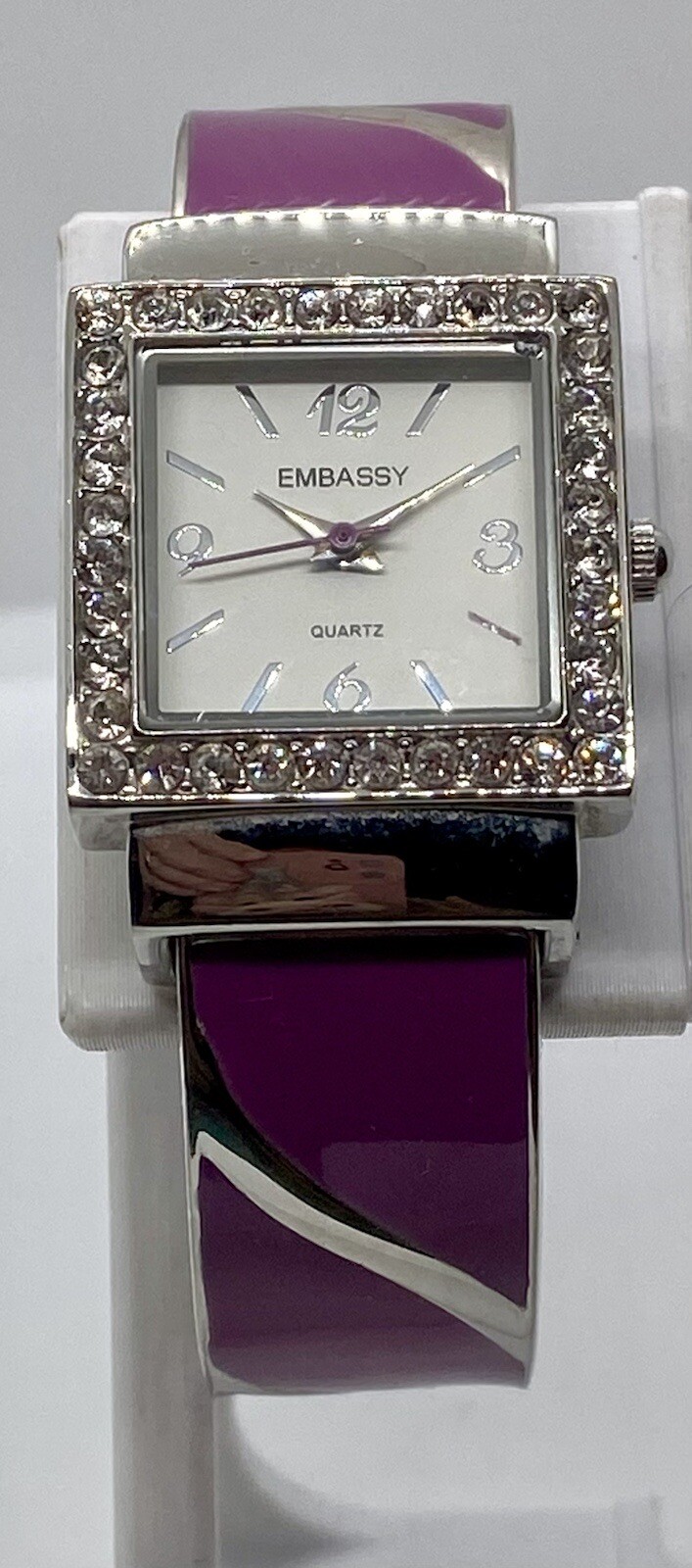 NEW EMBASSY Ladies Watch Fresh Battery Purple/Silver Hinged Cuff Gemmed Case
