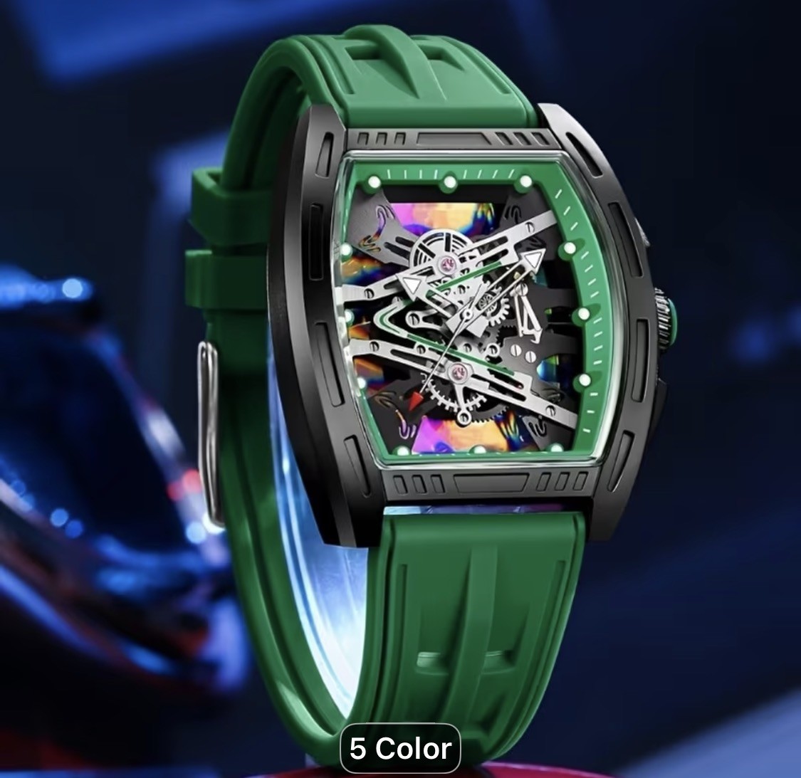 Men’s Analog Sport Watch 42mm Gold Tone Skeleton Dial Green Silicone Band – NEW