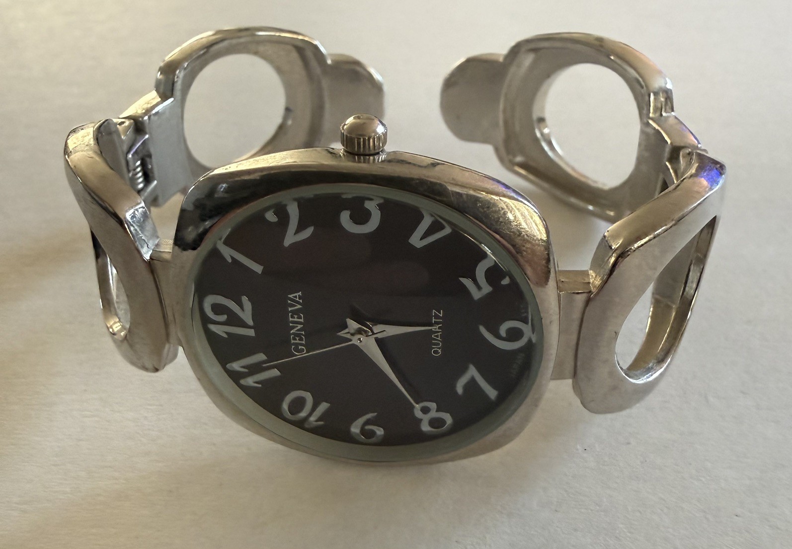 Geneva Women’s Silvertone Hinged Cuff Watch – Quartz