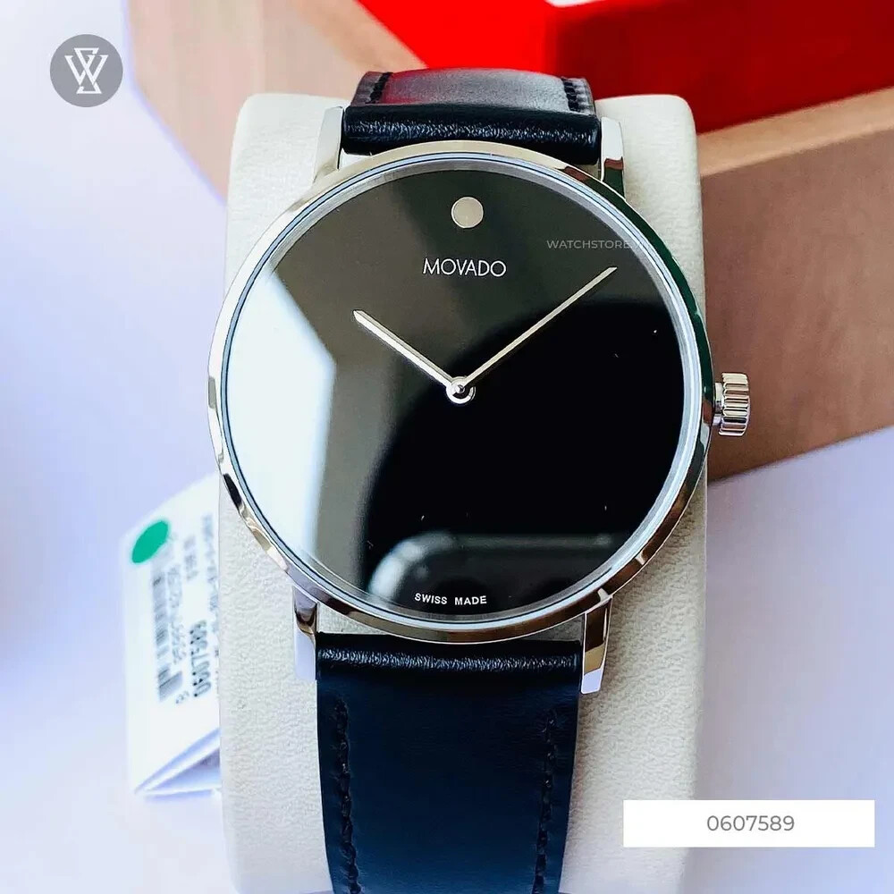 Movado Signature Men’s Black Dial Black Leather Strap Swiss 40mm Watch