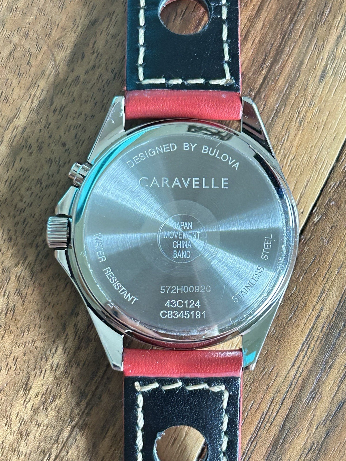 Caravelle Railroad Approved Quartz Day-Date 24Hr Dial Red Leather Strap