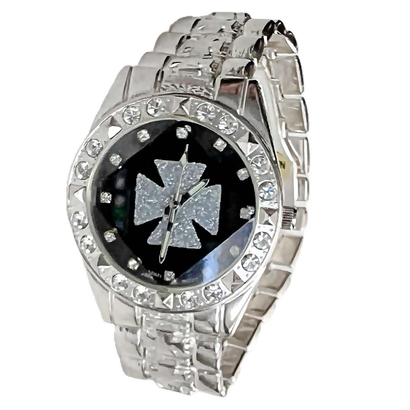 Mens Knights Templar Iron Celtic Maltese Cross Black Watch CZ Silver Tone 8″