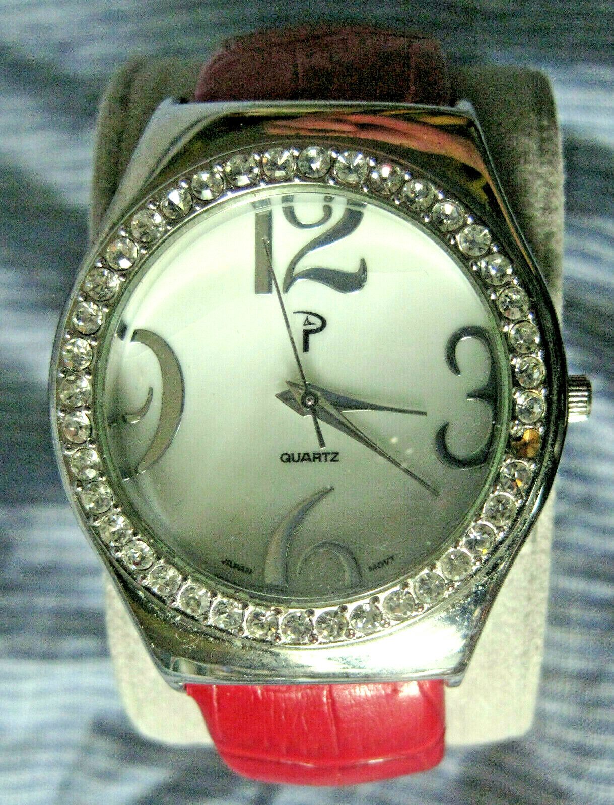 P Logo Women’s Quartz Wristwatch Round Dial CZ Bezel Red Bangle Cuff Band