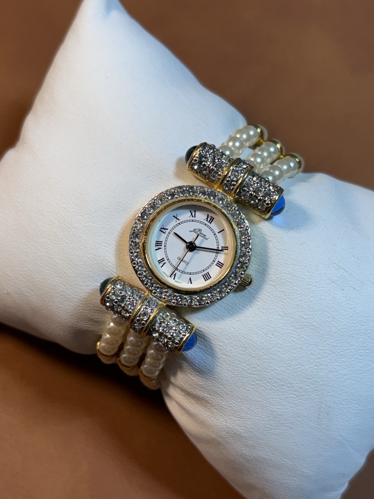 Pierre Jacquard Women Faux Gemmed Beaded Ladies Gold Tone Quartz Watch