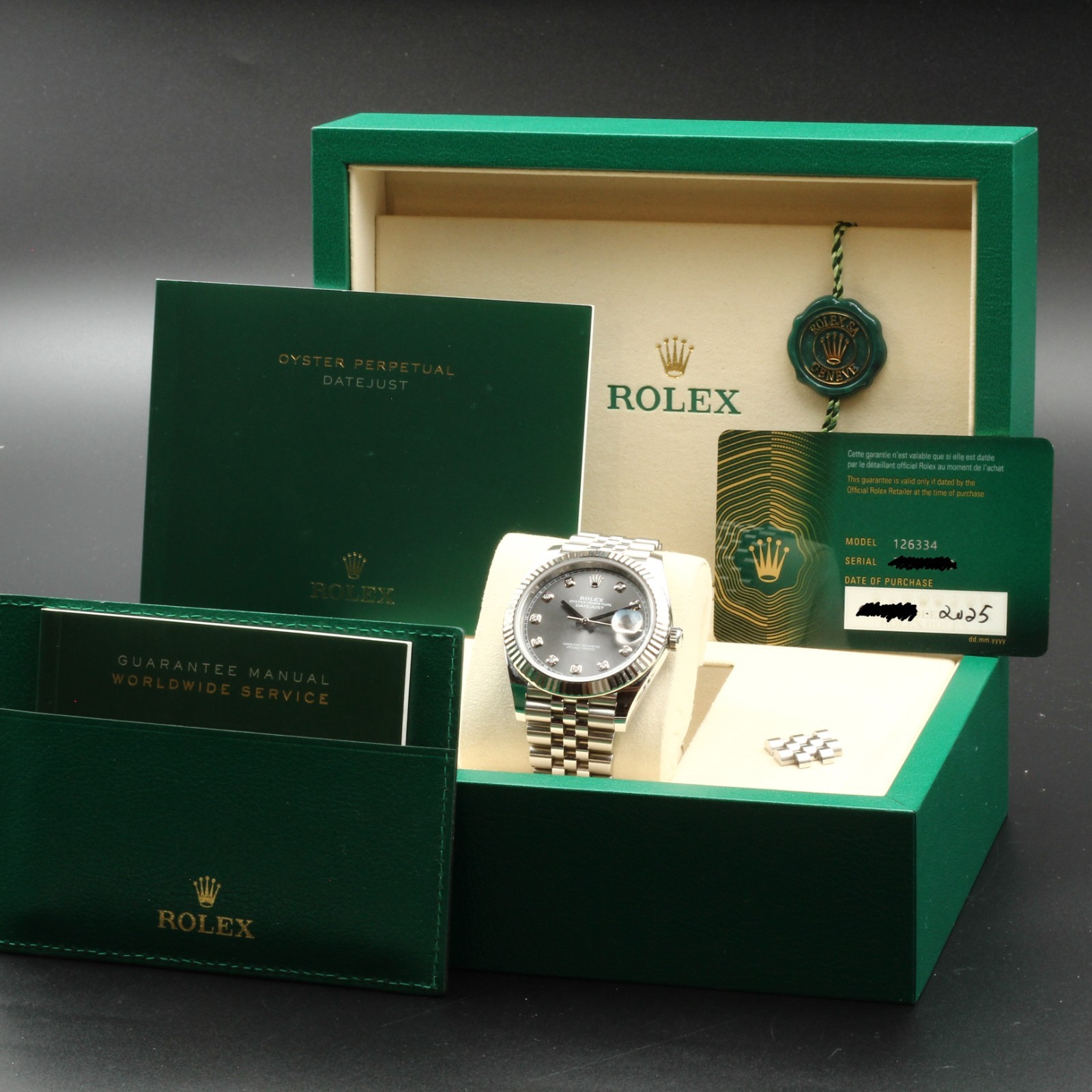 Rolex Datejust 41 Rhodium Diamond Dial Jubilee Bracelet Full set 126334