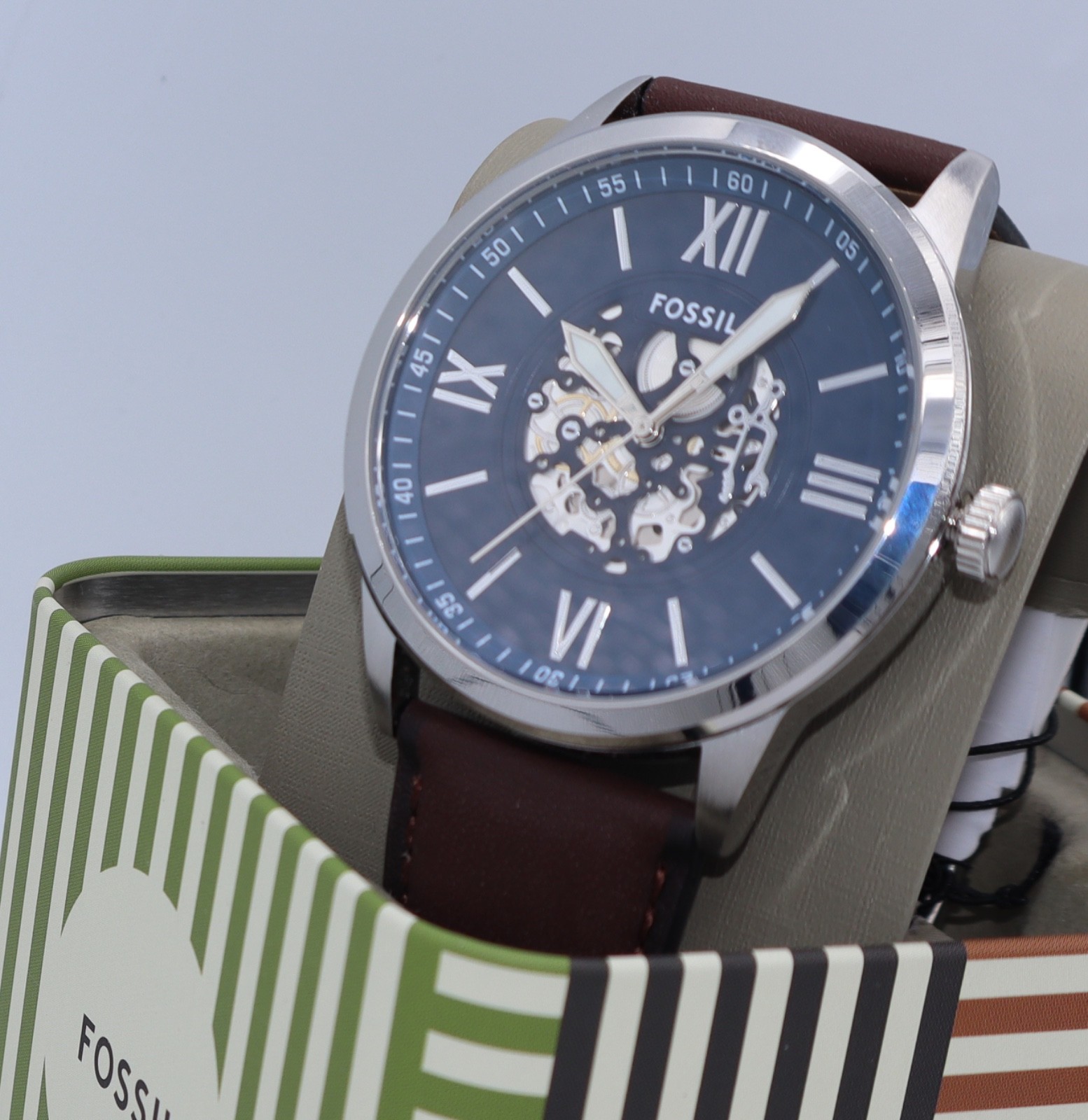 Fossil Flynn Silver Blue Brown Leather Skeleton BQM7128 Mens Watch