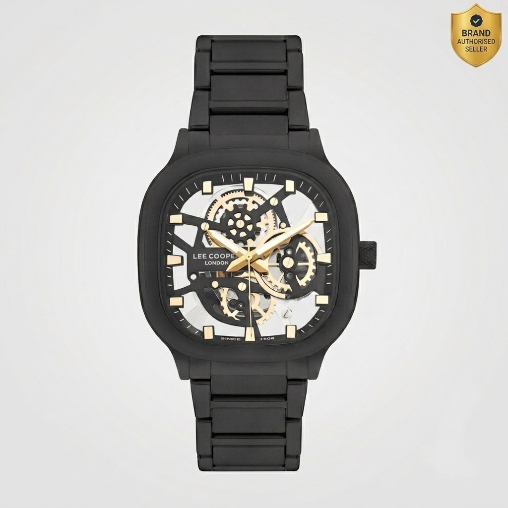 Lee Cooper London Men’s Automatic Skeleton Watch Black PVD Steel Gold Accents