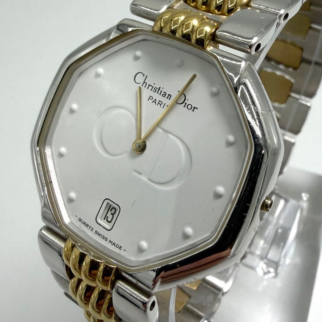 Christian Dior Octagon CD Logo White Gold Quartz Watch Japan Rare 0712970