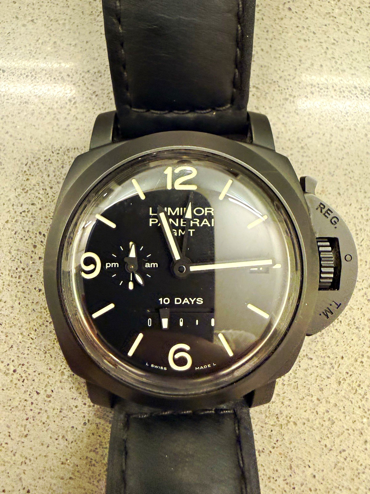 Panerai Luminor 10 Days PM 0335 GMT Ceramic 44mm Black Dial Leather Strap Watch