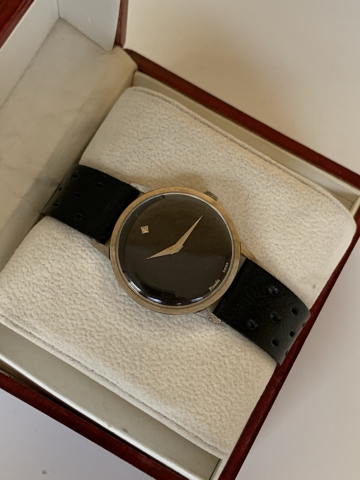 Vintage Nivada Watch Black Dial Minimalist Museum Style 1970s Swiss Manual 35mm
