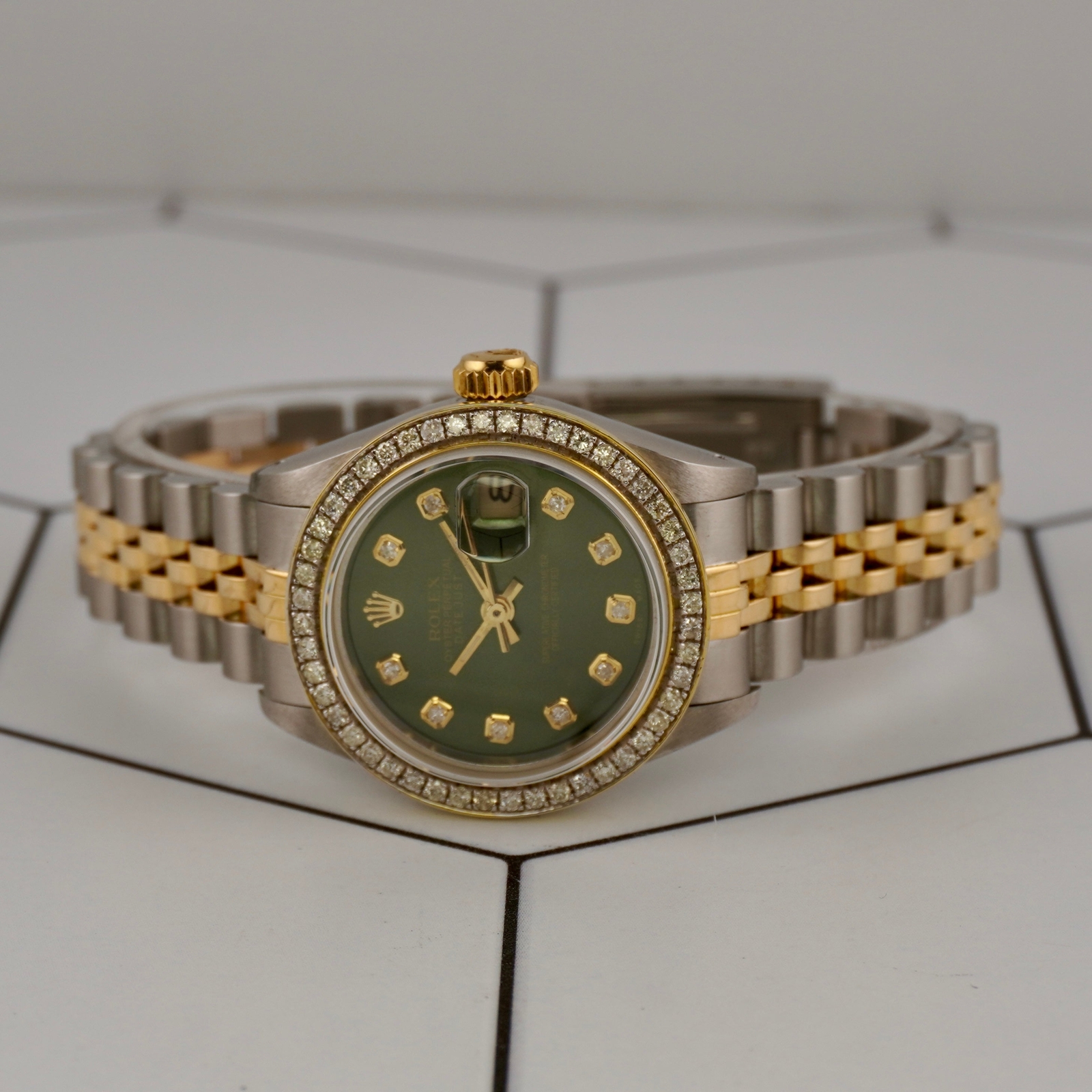 Rolex Ladies Datejust 26mm 18k Gold & Steel Watch 1.25ct Diamonds Green Dial