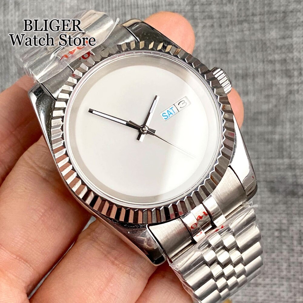 36mm 39mm Polished NH36A Automatic Mens Watch White Dial Week Date Sapphire
