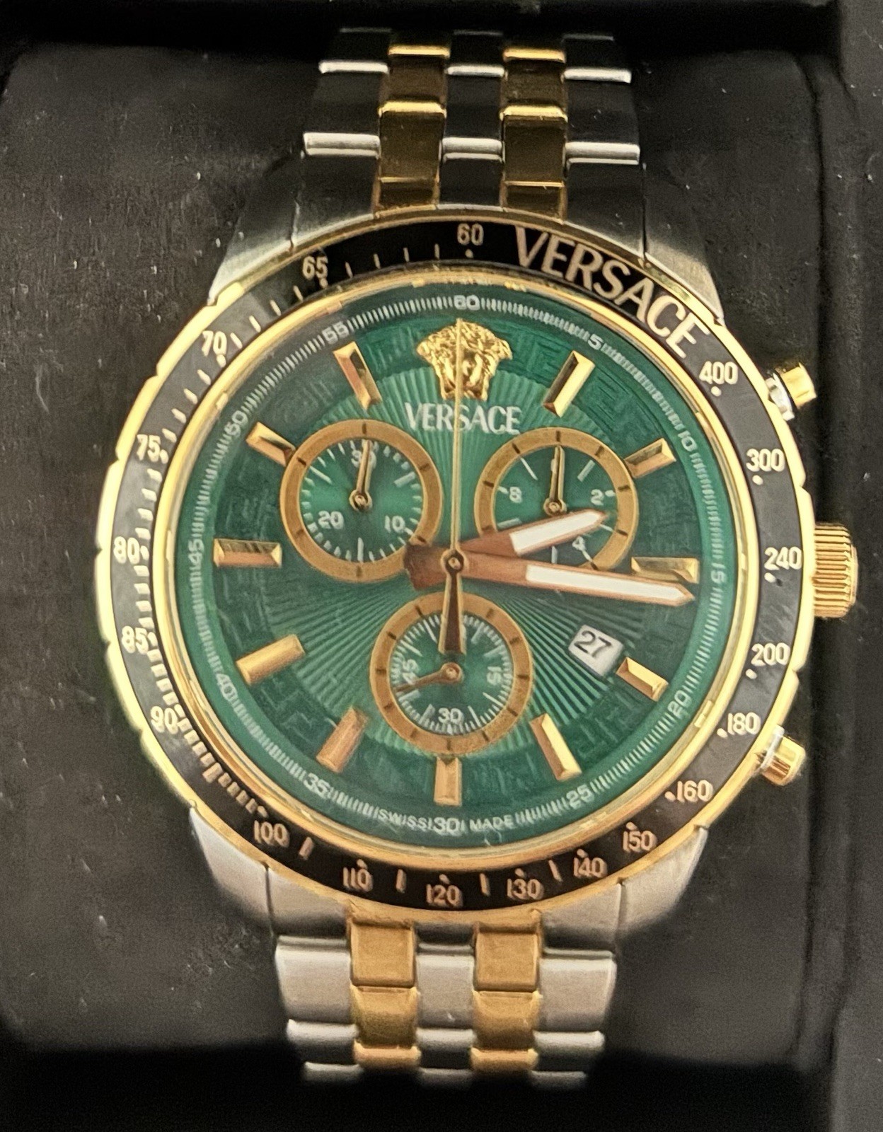 Versace Men’s Green Dial Quartz Chronograph Date Two-Tone SS Bracelet 44mm Box