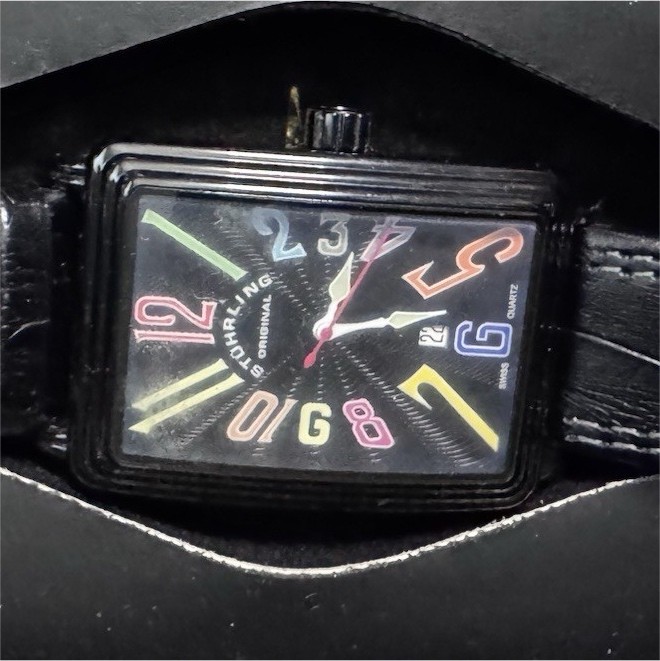 Stührling Original Multicolor Numerals Black Leather Quartz Wristwatch Date