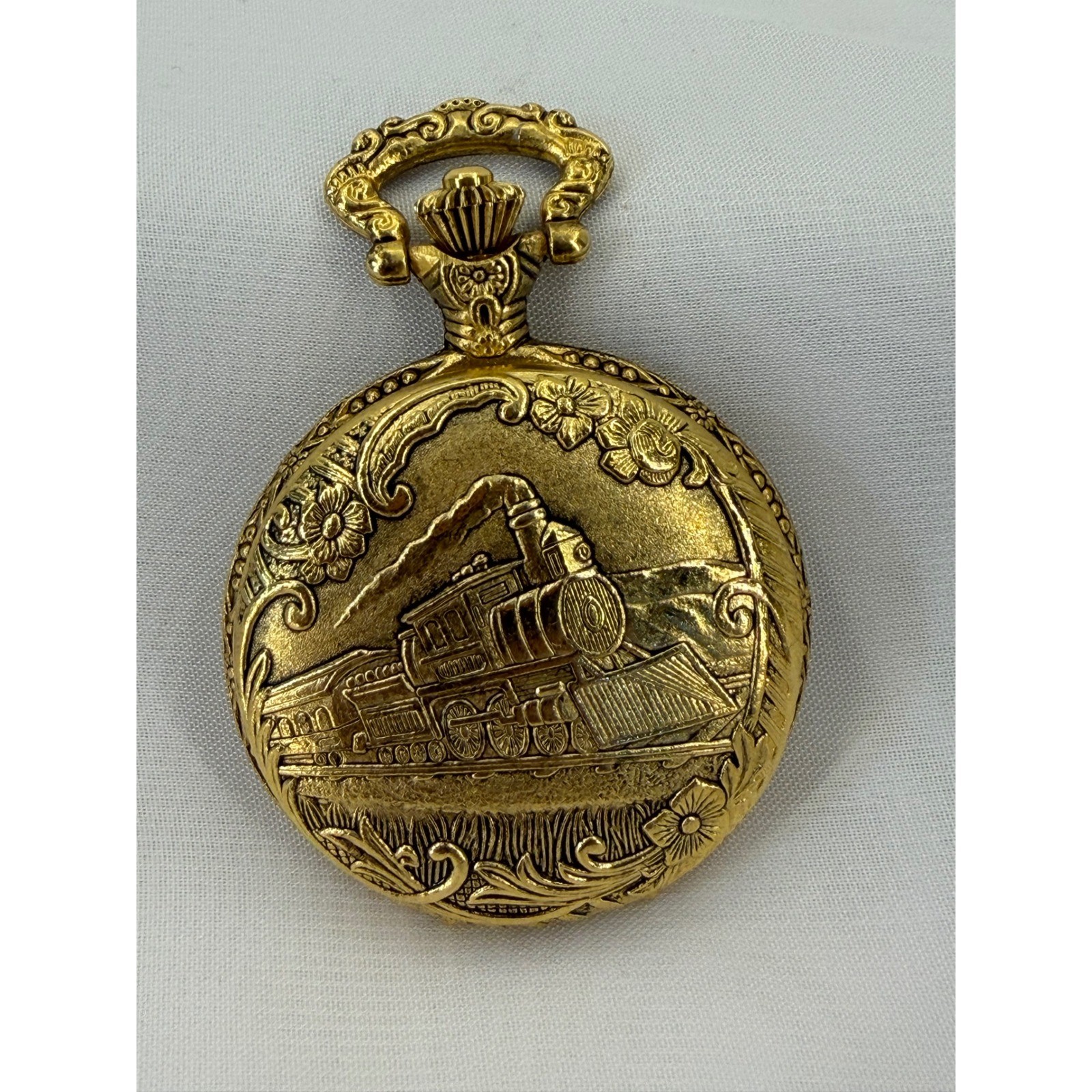 Storyline Gold Tone Train Steam Locomotive Embossed Quartz Pocket Watch Floral