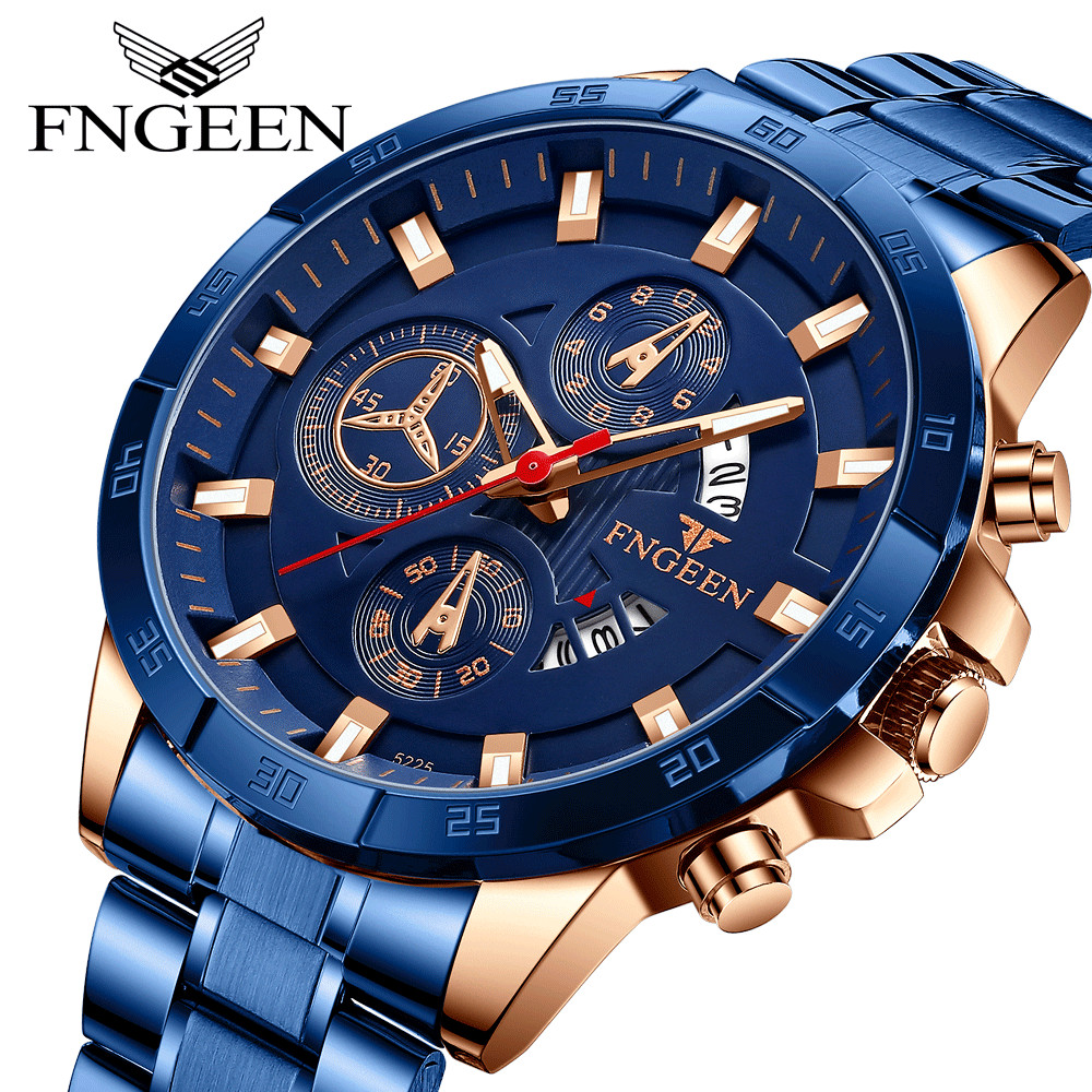 FNGEEN Fashion Luxury Stainless Steel Mens Waterproof Date Quartz Wrist Watches