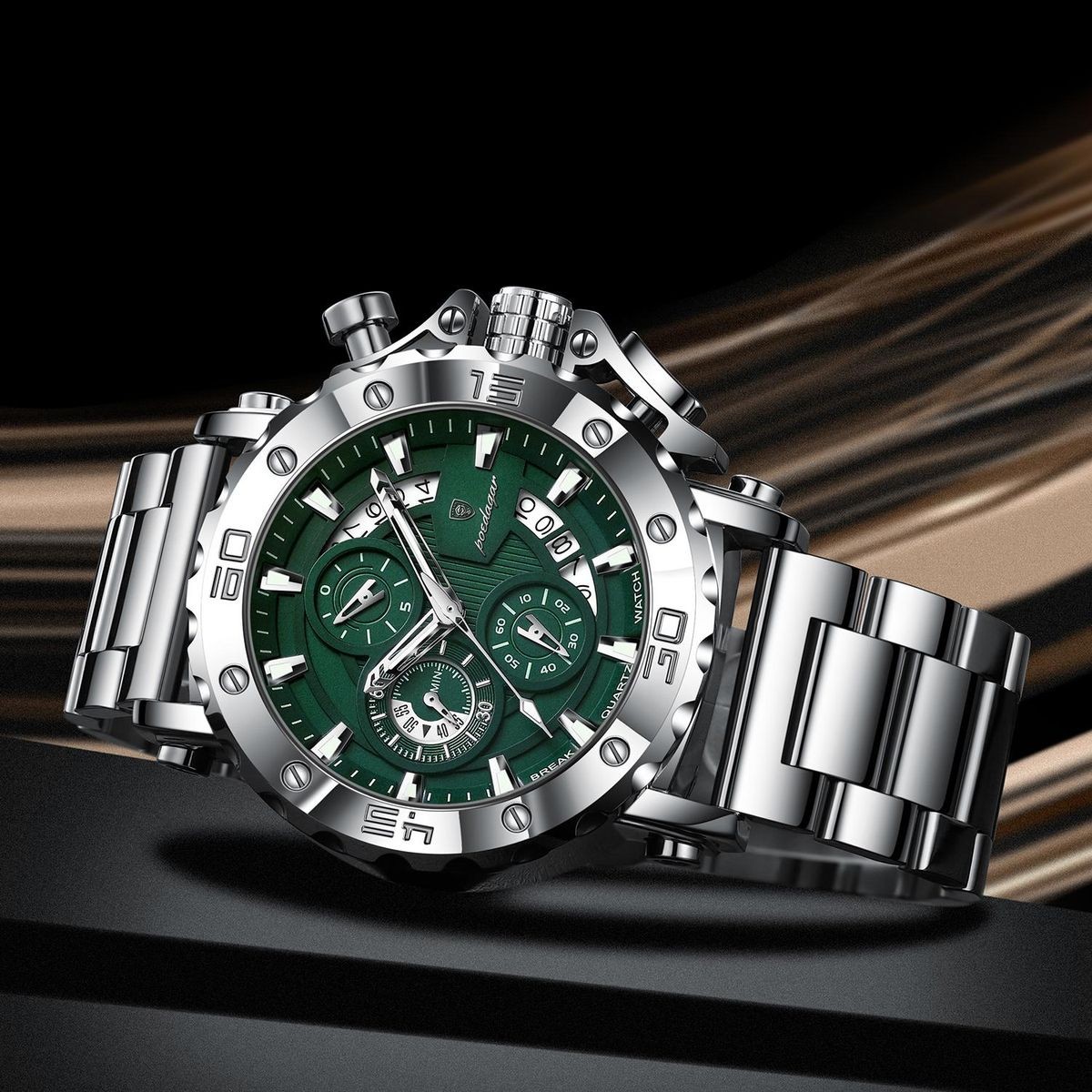POEDAGAR Men Calendar Luminous Waterproof Stainless Steel Fashion Quartz Watch