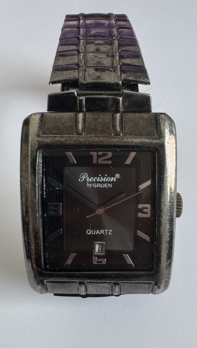 Gruen Precision Silver Gun Metal Men’s Quartz Watch Black Dial, Tested & Working