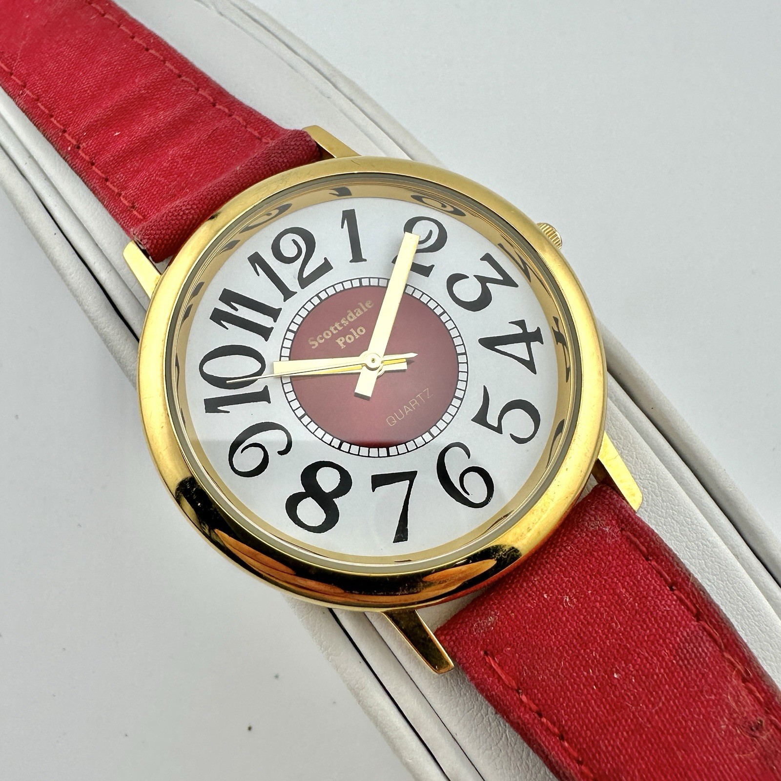 Scottsdale Polo Watch Unisex Stainless Gold Red Canvas Leather – Has New Battery