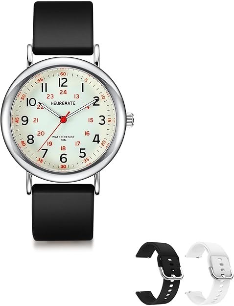 HEUREMATE Waterproof Unisex Analog Watch Luminous Easy-Read Black White Bands