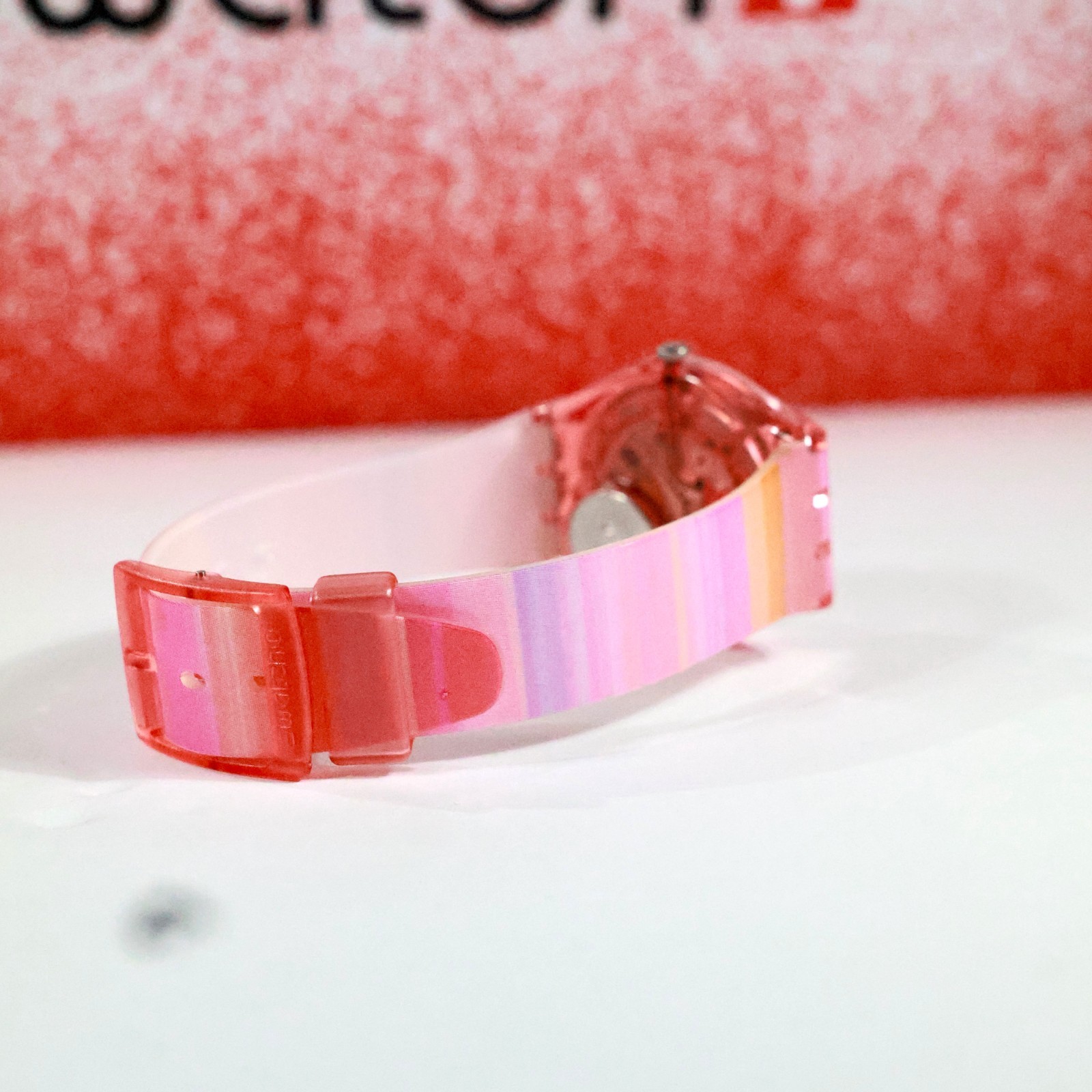 New Swiss Made Swatch Pink Rainbow Watch Astilbe GP140 34MM Multicolor Silicone