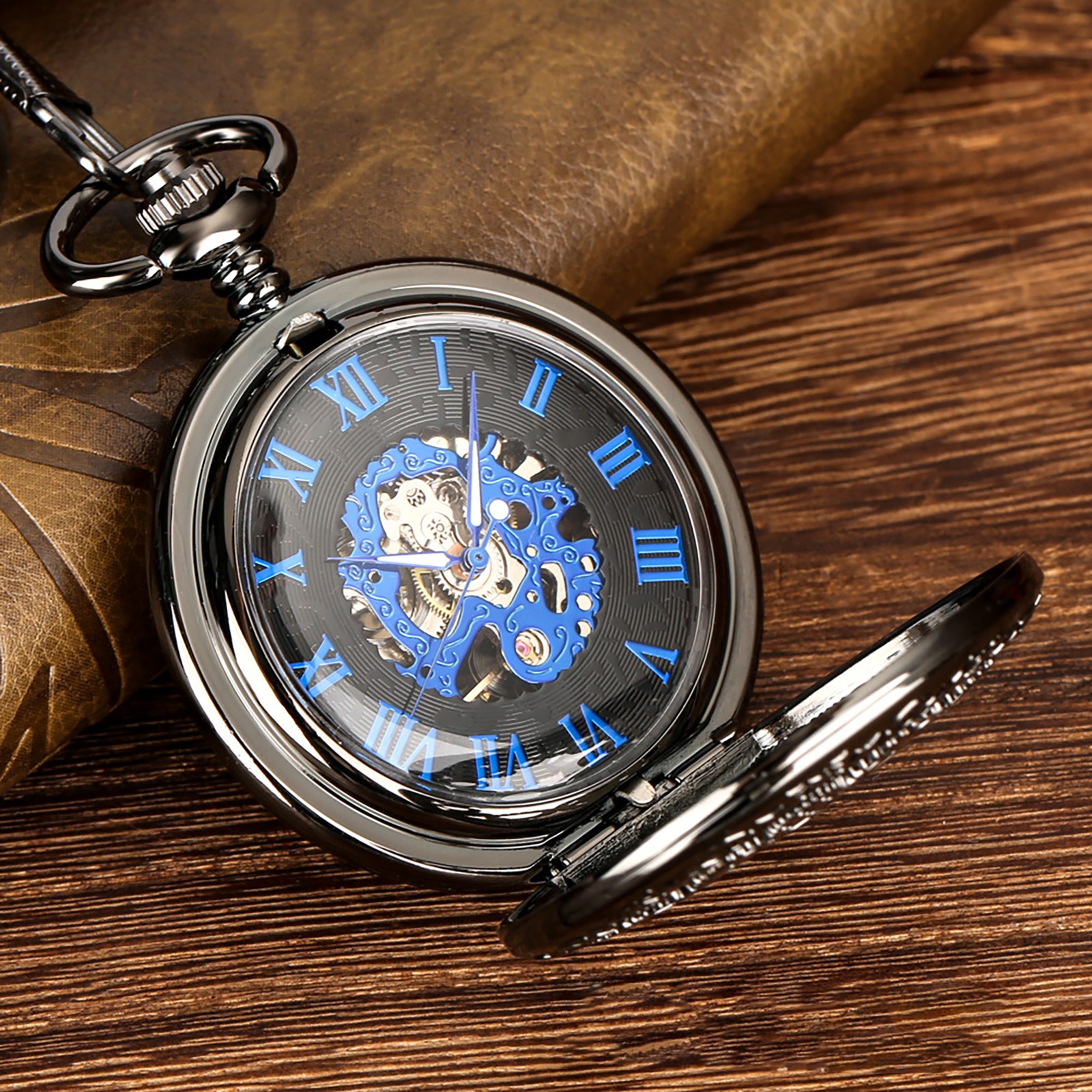 1 PC Mens Skeleton Mechanical Pocket Watch Hollow half Hunter Pocket Watch