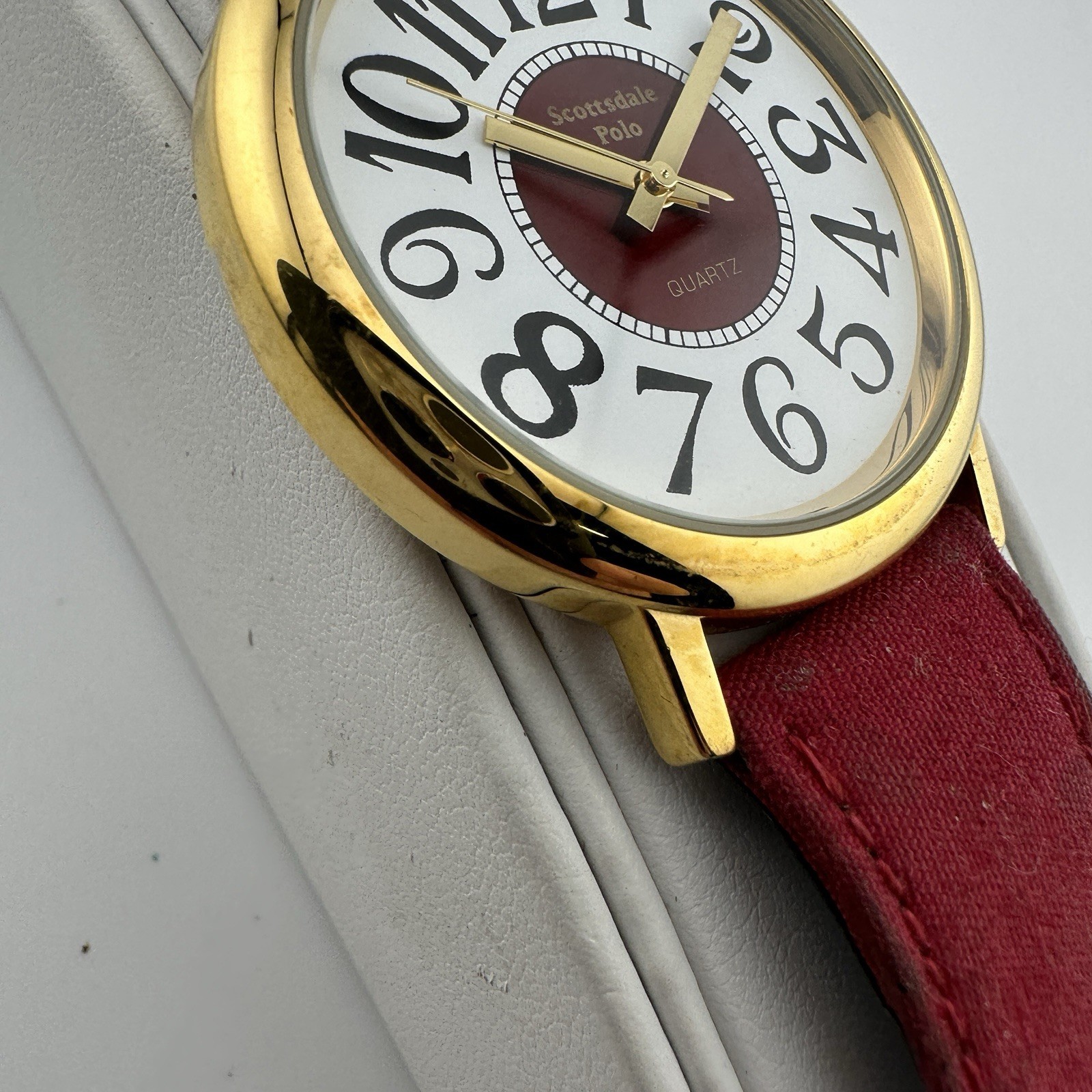 Scottsdale Polo Watch Unisex Stainless Gold Red Canvas Leather – Has New Battery